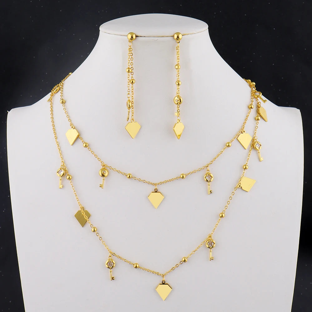 Fashion Classic Gold Plated Long Necklace Chain Earrings Set for Women Girl Dubai Shine Jewelry Gift for Party Wedding Bride