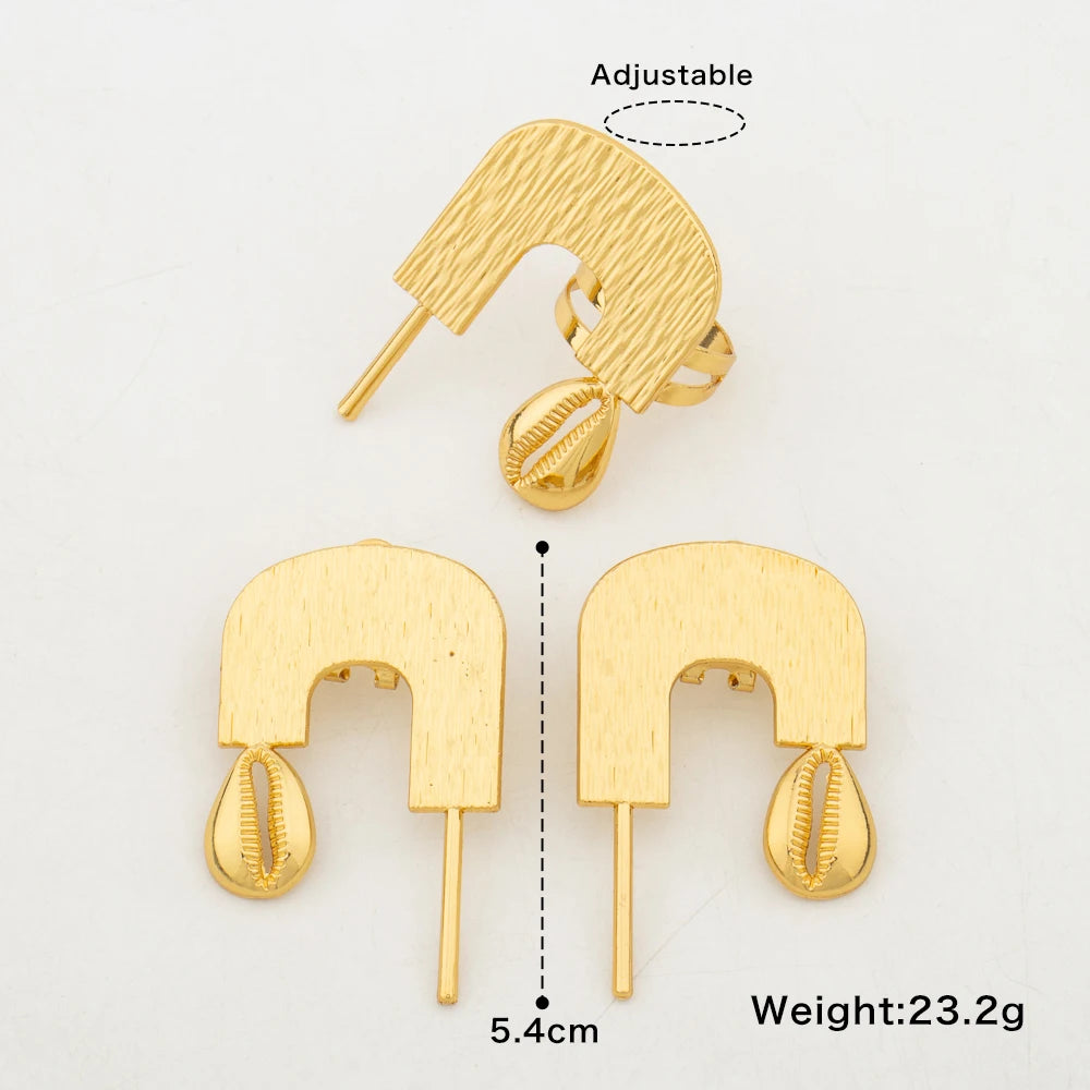 Dubai Gold Color Earrings and Ring Set for Ladies Weddings Hollow Out Clip Earrings and Finger Ring Set for Nigerian Daily Wear