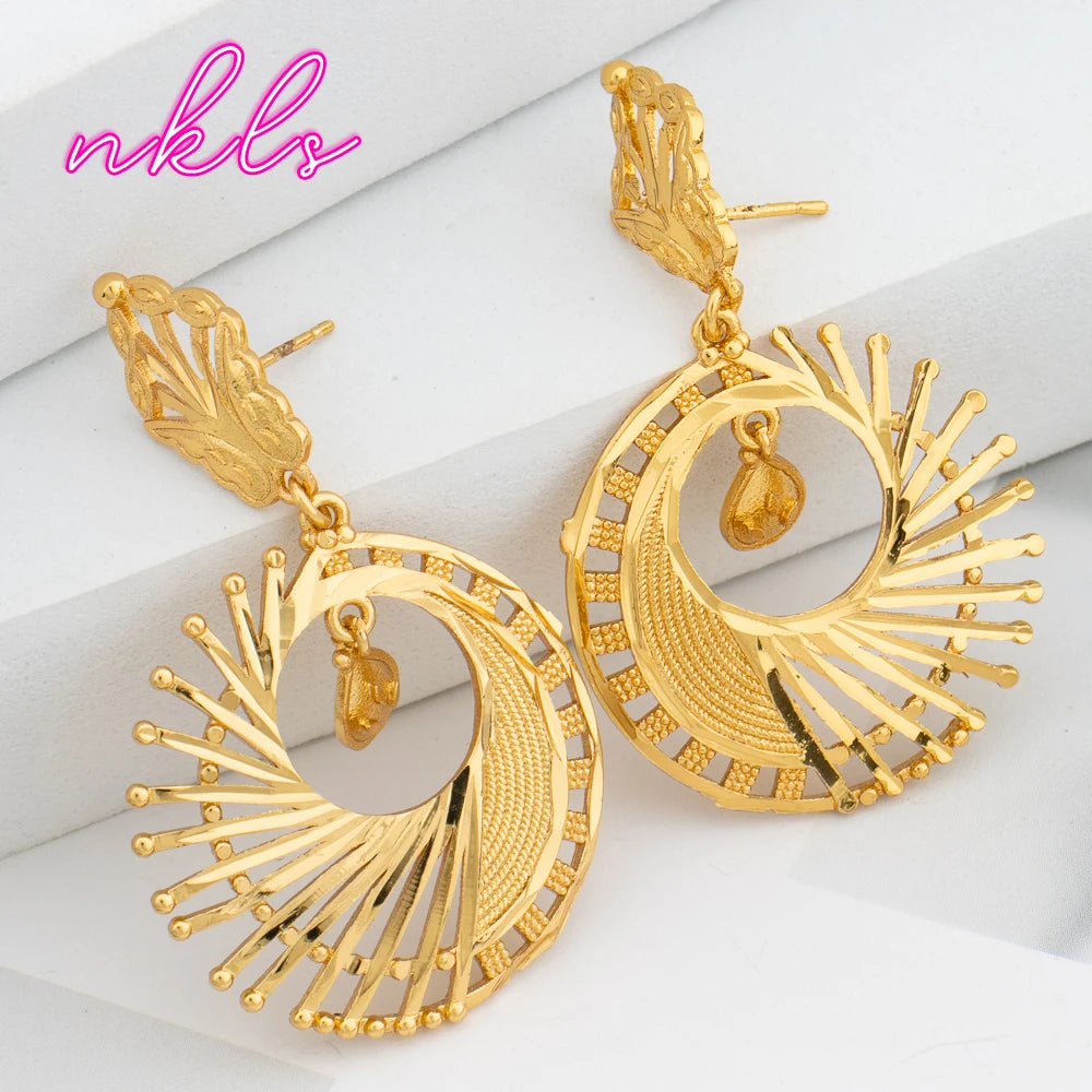 Bohemian Fashion Drop Earrings Set Dubai Lace Flower Eardrop Brazilian Luxury Gold Color Jewelry Wedding Party Accessories Gifts