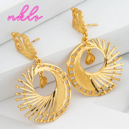 Bohemian Fashion Drop Earrings Set Dubai Lace Flower Eardrop Brazilian Luxury Gold Color Jewelry Wedding Party Accessories Gifts