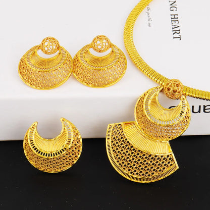 Dubai Gold Color Jewelry Set For Women Indian Earring Necklace Ring Nigeria Moroccan Bridal Accessorie Wedding Party Gift