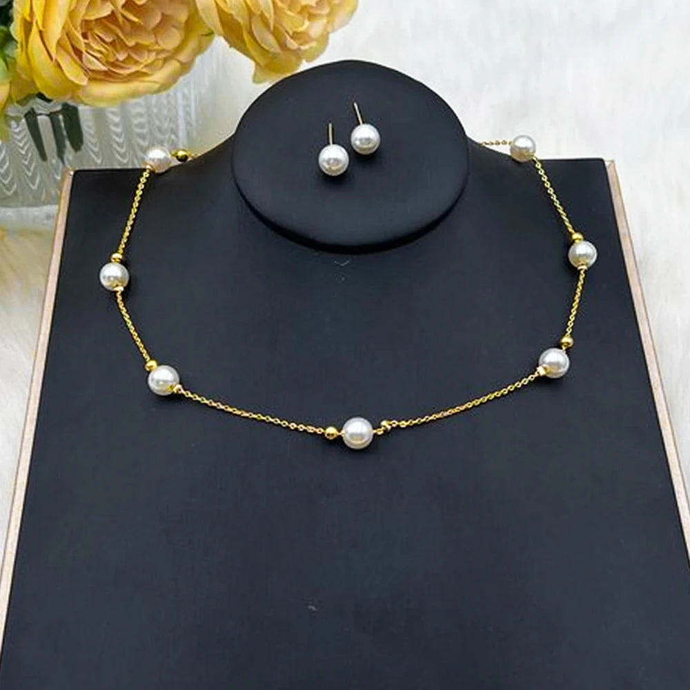 Women Simple Pearl Beads Exquisite Earrings Necklace Gold Color Thin Chain France Gentle Minimalist Daily Wedding Jewelry Set