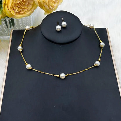 Women Simple Pearl Beads Exquisite Earrings Necklace Gold Color Thin Chain France Gentle Minimalist Daily Wedding Jewelry Set