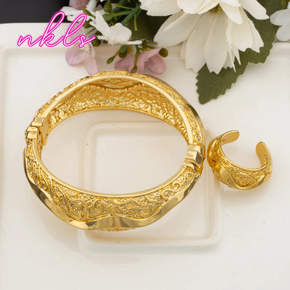 Arab Fashion Luxury  Color Bracelet Jewelry Classic Design Cuff Bangle with Ring Set for Women Daily Wear Party Gift