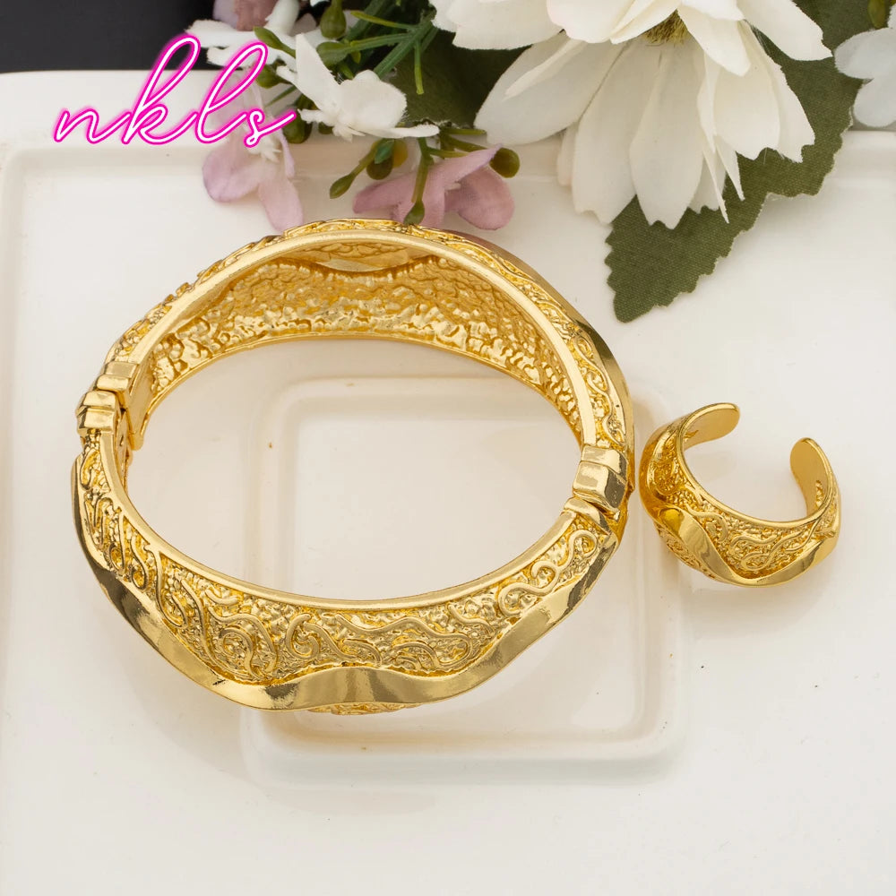 Arab Luxury Cuff Bangle & Ring Set for Women, Classic Daily to Party Gift, Elegant Jewelry Women Set