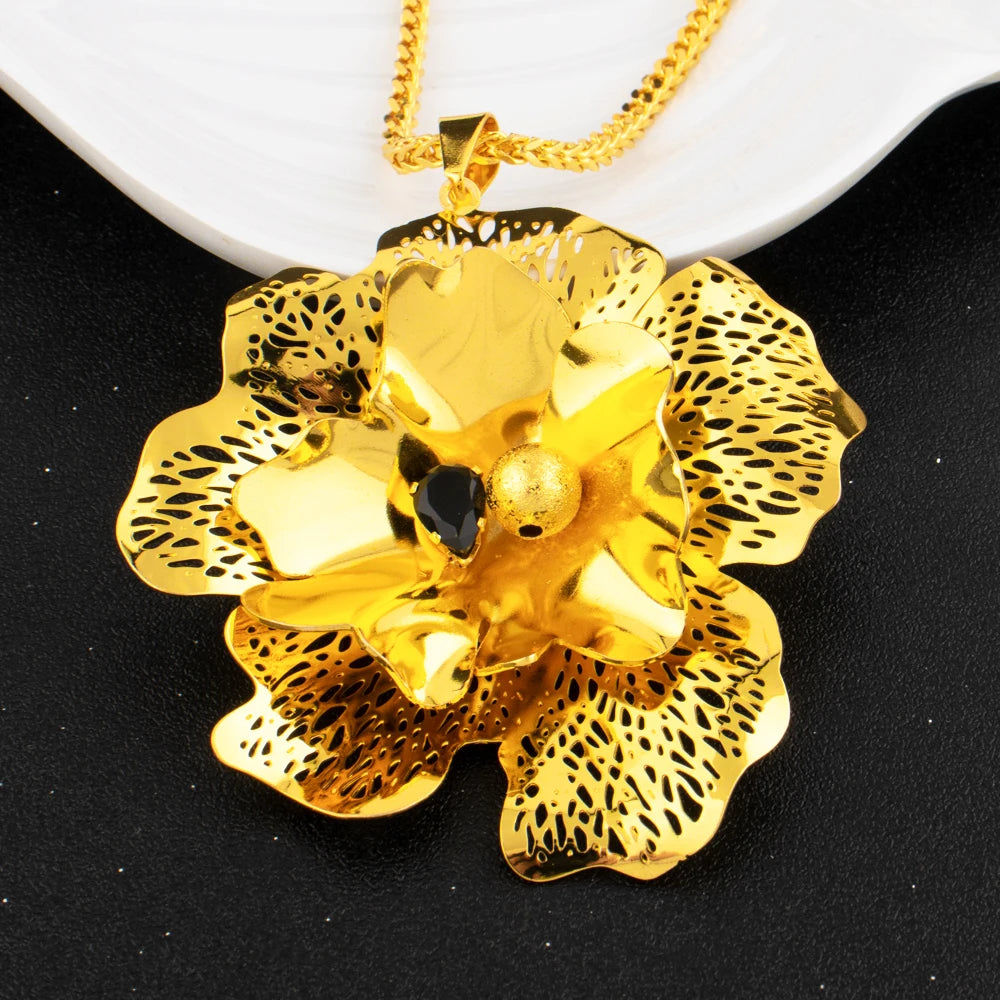 Dubai Luxury Flower Shape Women Jewelry Nigeria Wedding Zircon Collection Earrings Gold Color Bridal Necklace Pendant For Party