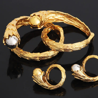 Cuff Bangle With Ring Luxury Gold Plated Bracelet Jewelry Nigerian Wedding Party Gift Dubai Hollow Out Design Bracelet