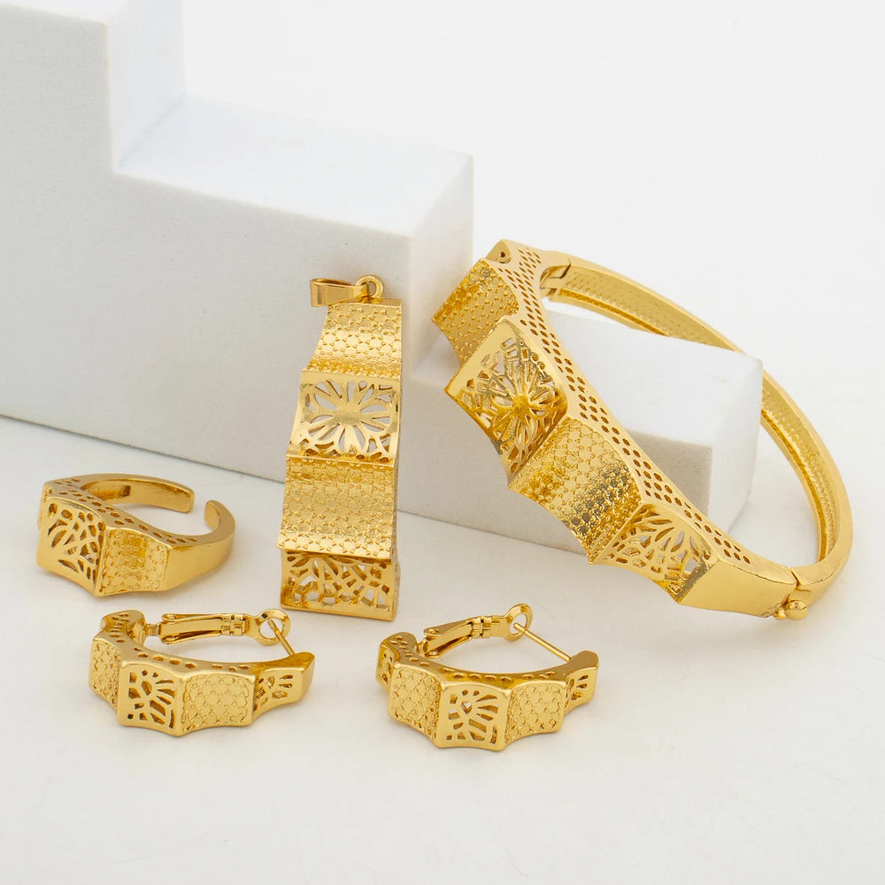Dubai Gold Color Earrings Bangle Ring Jewelry Set for Party Elegant Weddings Hoop Earrings Cuff Bangle Finger Ring Set Nigerian