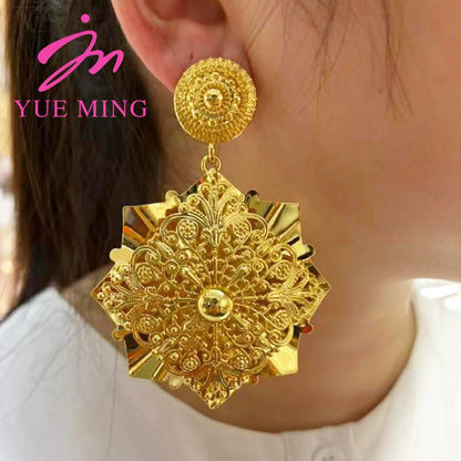 Big Size Drop Earrings and Necklace 18k Gold Color Dubai Flower Shaped Fashion Jewelry Sets For Beautiful Women Necklace Earring - YUEMING JEWELRY