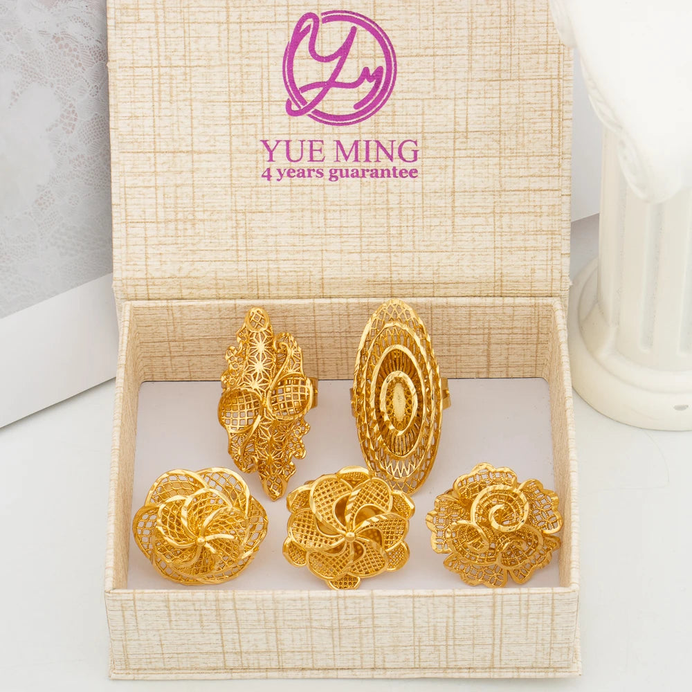 Italian Gold Plated Jewelry Set Unique Finger Ring Women Big Style Flower Elegant Rings Jewellery Sets Adjustable Ring Gifts