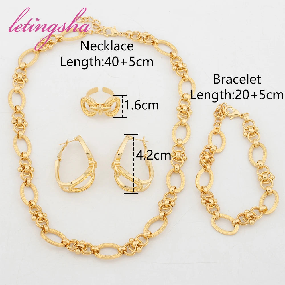 Classic Rings Jewellery Set Dubai Luxury Necklace Chain Gold Color Earrings 18K Gold Plated Bracelet African Fashion Jewelry Set