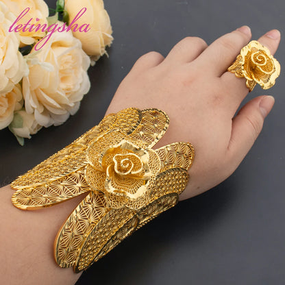 Luxury Large Cuff Bangle for Women Dubai Gold Color Jewelry Set African New Design Big Bracelet Rings Weddings Bridal Jewellery