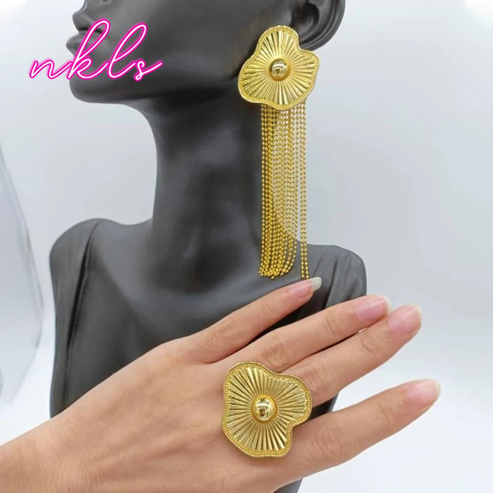 Gold Color Clip Tassel Earrings with Ring Jewelry Set for Women Brazilian Weddings Party Jewelry Set Party Accessories Gifts