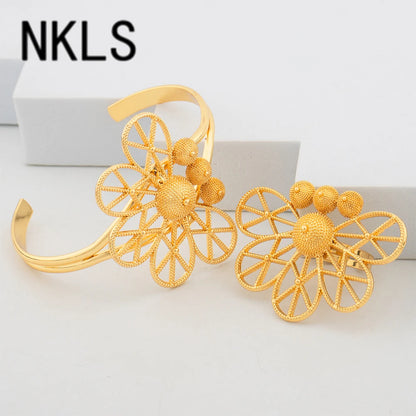 24K African Cuff Bangle Ring Set – 18K Gold Plated Beads Design Jewelry for Dubai Engagement Gifts jewellery woman jewelry sets