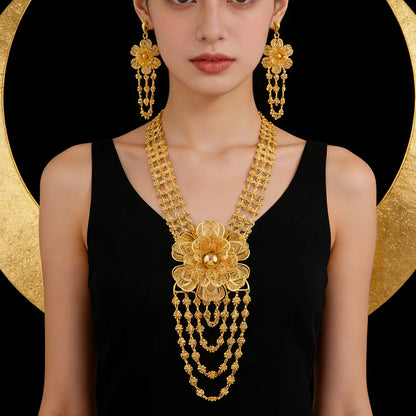 24K Gold Color Long Chain Necklace Earrings Set New Indian Nigerian Bridal Wedding Ethiopian Luxury Party Jewelry Wholesale Gift