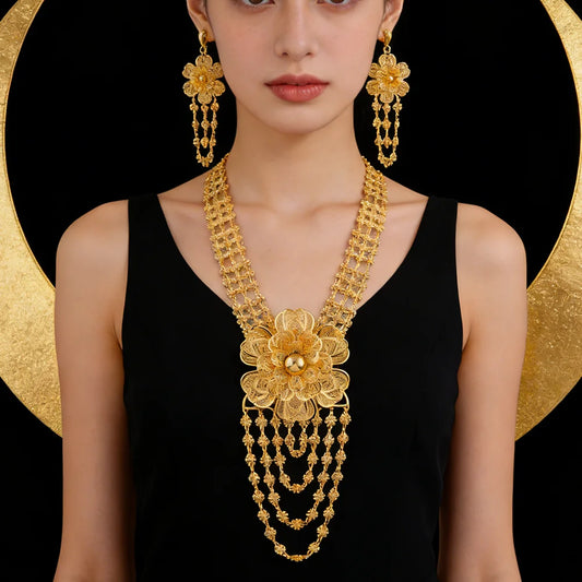 24K Gold Color Long Chain Necklace Earrings Set New Indian Nigerian Bridal Wedding Ethiopian Luxury Party Jewelry Wholesale Gift
