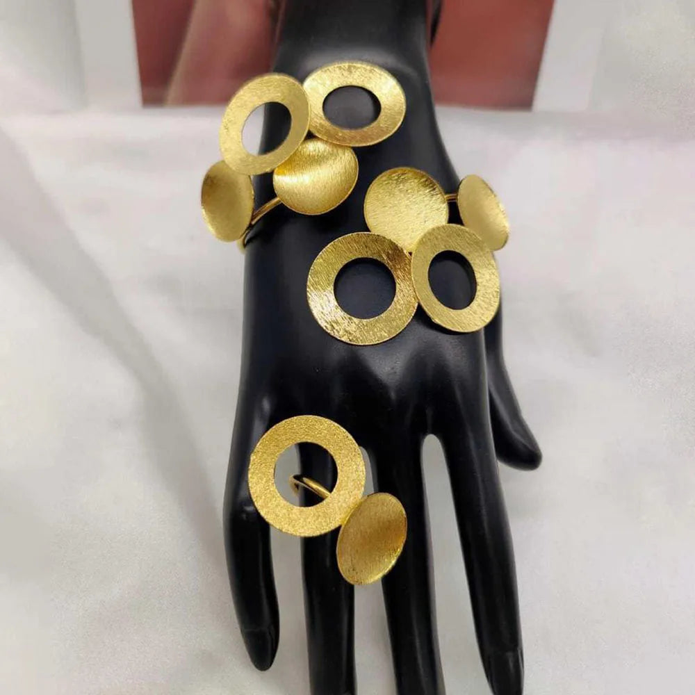 Exaggerate Bangle with Ring Jewelry Set for Dubai 18k Gold Color Cuff Bracelet Finger Ring 2Pcs Set for Engagement Nigerian