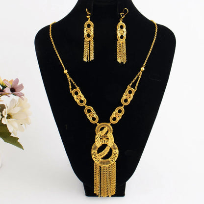 Luxury Gold Plated Long Chain Necklace Earrings Set for Women India Noble Nigeria Bride Jewelry Gift for Wedding Party