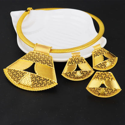 Dubai Elegant Ladies Geometric Fan-Shaped Gold-Plated Earrings Necklace Set Clavicle Chain Ear Hook for Women Holiday Gift