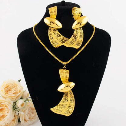 Luxury Ribbon Necklace Earrings for Women Dubai Arab Gold Color Water droplet Shape Waterproof Jewelry Set For Party Wedding