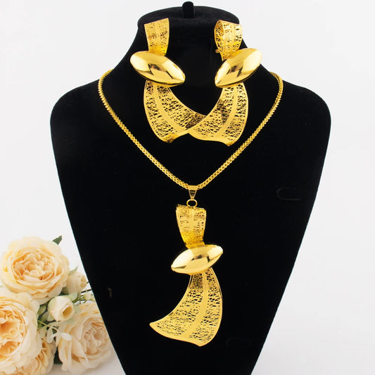 18K Gold Tone Water-Drop Ribbon Necklace & Earrings Set, Dubai Arab Luxury Waterproof Jewelry for Women, Party Wedding Jewellery