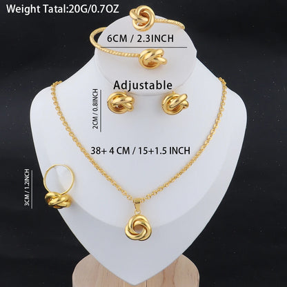 4pcs Set Classic Trendy Gold Color Circle Fried Dough Twist Necklace Earring Bracelet Ring for Women Design Sense Gifts