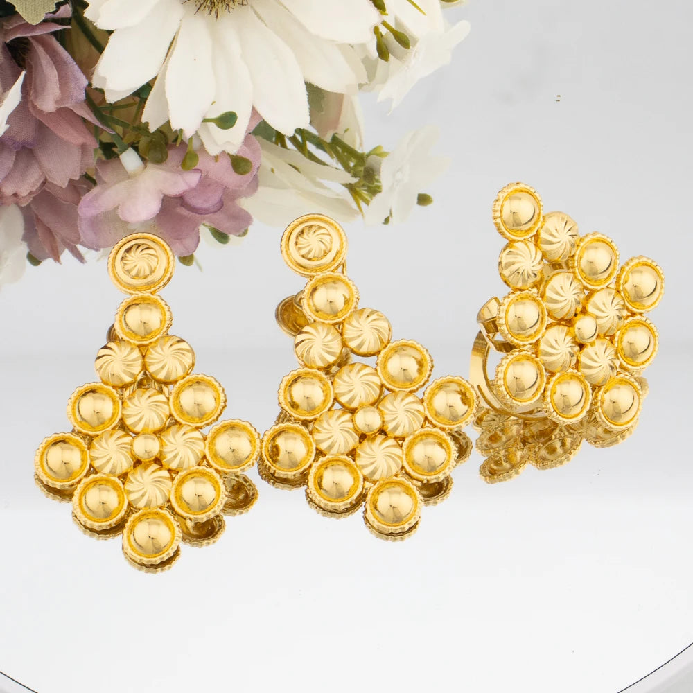 18k Gold Plated Clip Earrings and Finger Ring Dubai Copper Jewelry Set Fashion Earrings Jewelry for Women Party Gift for African