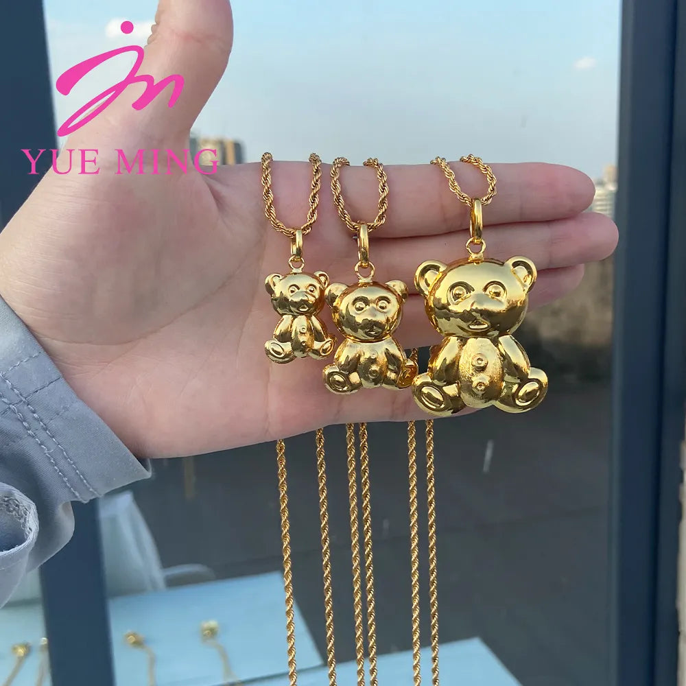 3PCS YM Gold Plated Necklace 80cm Chain Fashion Bear Pendant Copper Jewelry For Men and Women Daily Wear Jewelry Set Gift - YUEMING JEWELRY