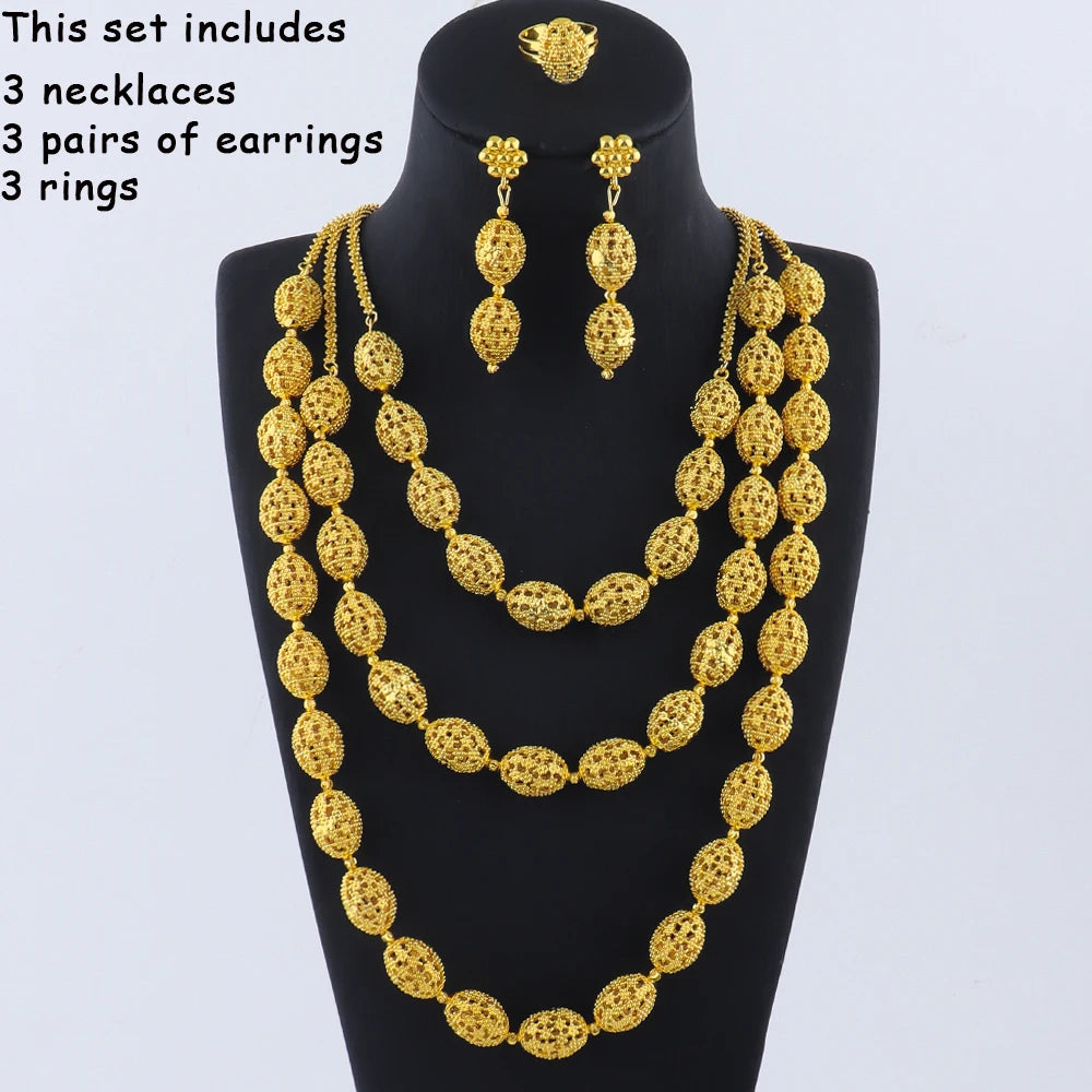 women  jewelry set indian arabic african ethiopian golden color jewelry set Hollow Out Oval Necklace Earrings Ring free shipping