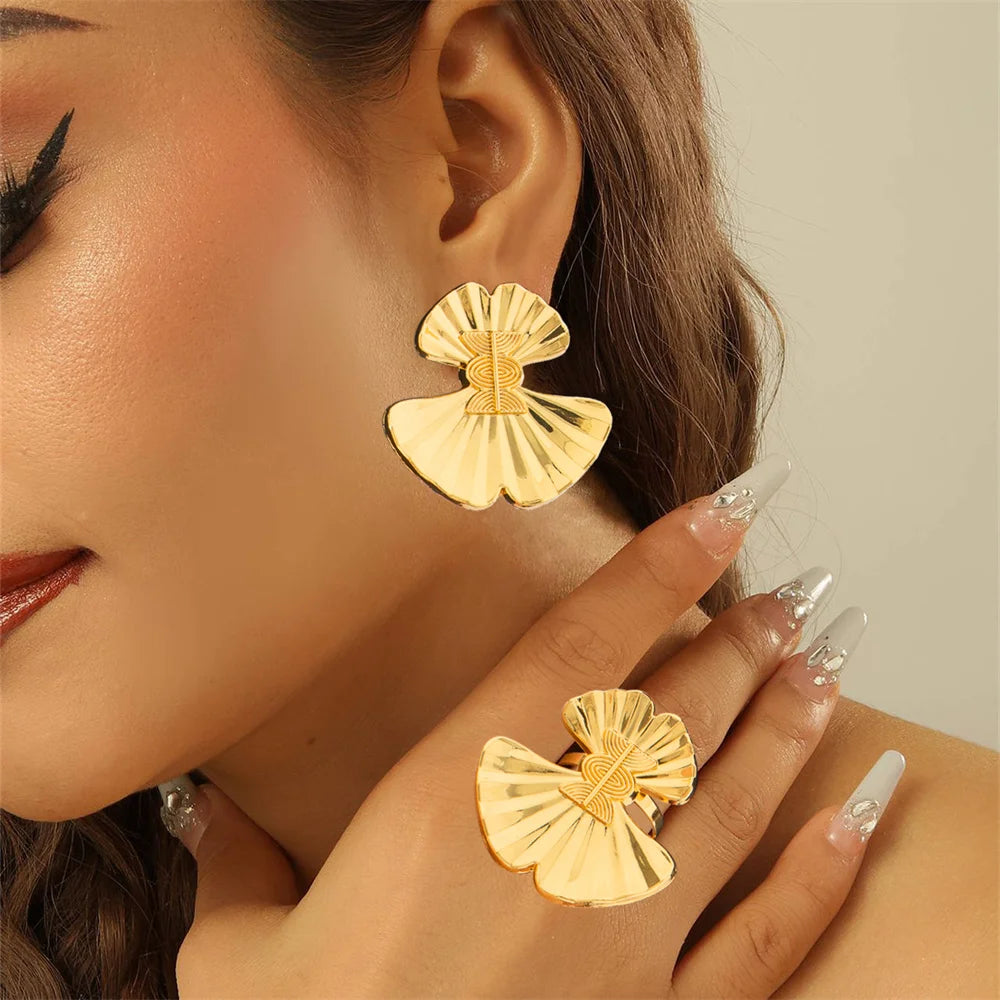 African 18k Gold Color Jewelry Set for Party Clip Earrings and Finger Ring 2Pcs Set for Engagement Dubai Earrings Ring Jewelry