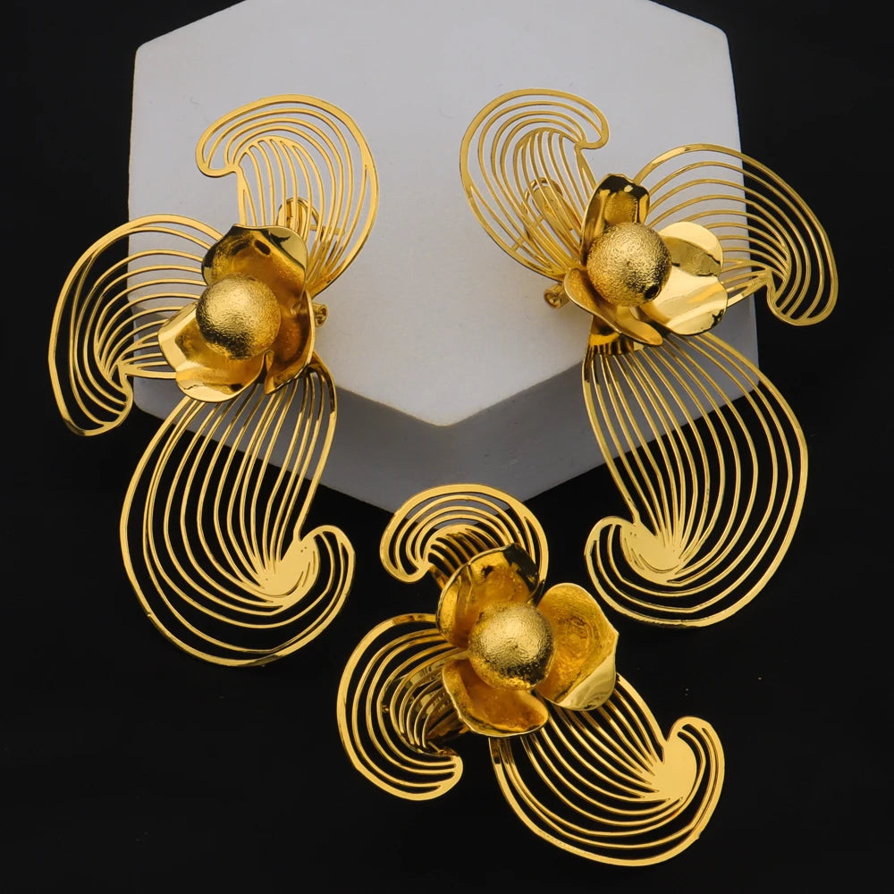 18K Gold Plated Vintage Flower Hollow Earrings & Ring Set, France Style Jewelry Gift for Women, Valentine's Day Party Accessorie