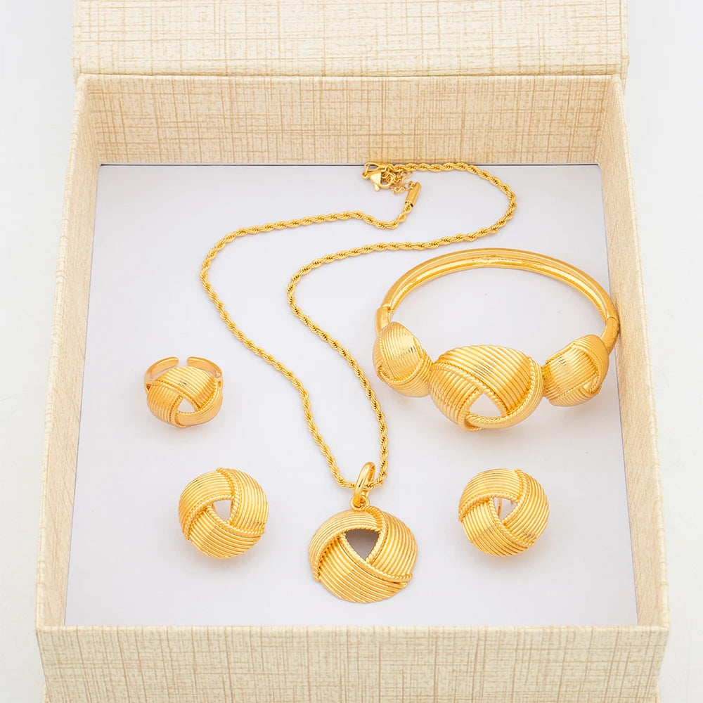 Dubai  Twisted Geometric Necklace Earring Set Indian Copper Jewelry Set Women's Three Piece Jewelry Set