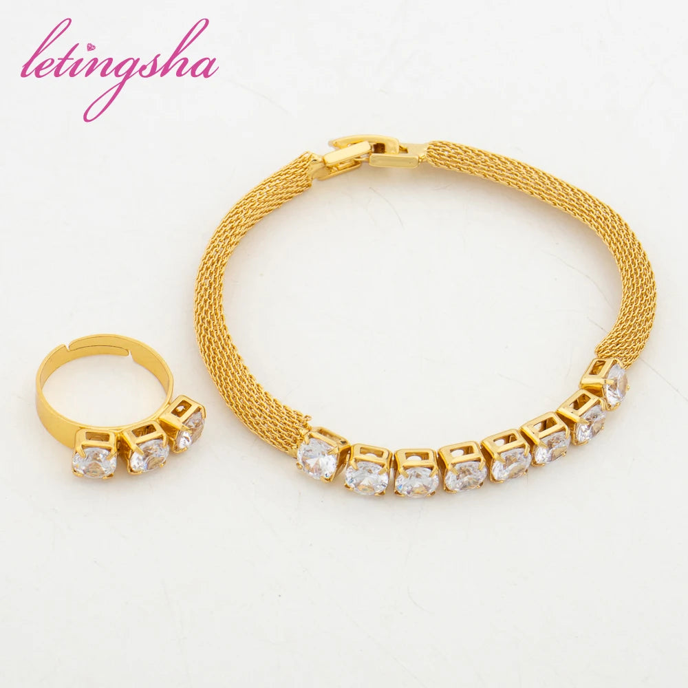 18K Gold Plated Bridal Necklace Earrings Jewelry Sets For Women Fashion Wedding Zircon Charm Bracelet Ring Prom Party