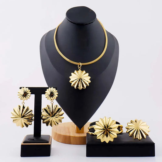 New Trendy Luxury Earrings Necklace Ring Bangle For Women Sun Shape Jewelry Sets For  Wedding Party Dubai Bridal Banquet Gift