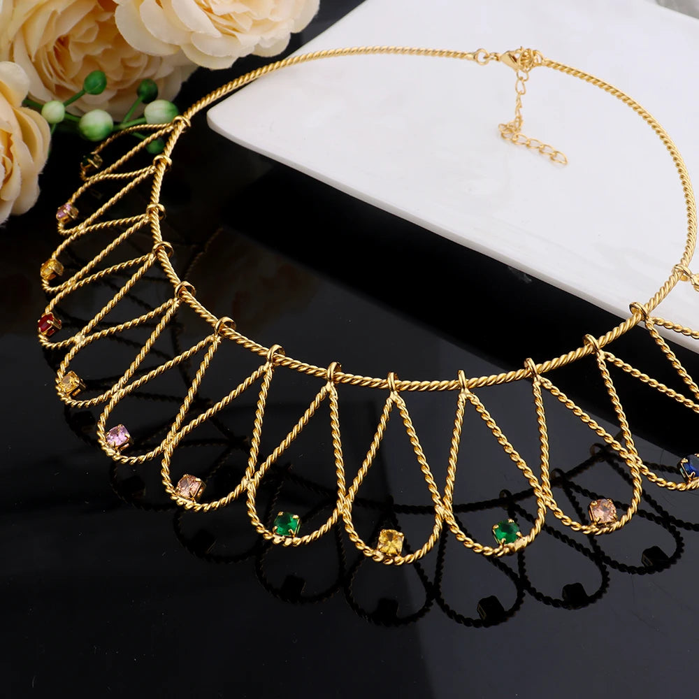 WomenTrendy Design Jewelry Set Dubai America Gold Color Earrings Necklace Color Zircon Bangle Ring Set For Wedding Party Gift