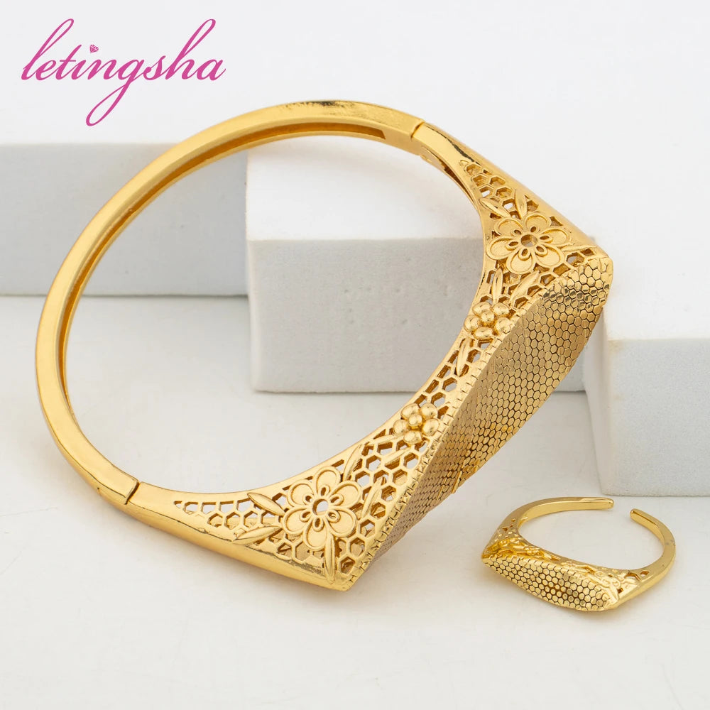 Geometry Design Bangle with Ring 2pcs Set African Classic 18k Gold Color Bracelet Ring Set for Ladies Birthday Gifts