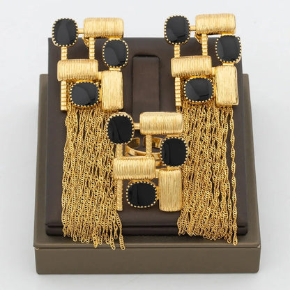 Fashion Gold Color Jewelry Set for Women Nigeria Dubai  Irregular Design Tassel Earrings Multicolour Zircon Ring for Party