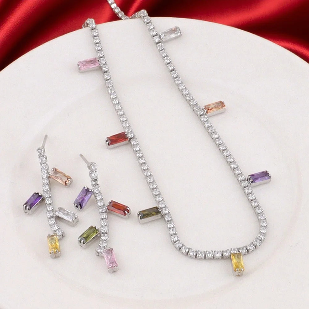 Fashion Colorful Cubic Zirconia Stainless Steel Necklace For Women 18K Gold Plated Fashion Waterproof Jewelry Gifts