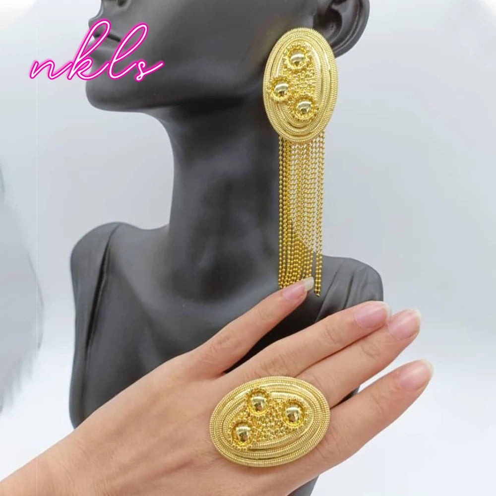 Gold Color Clip Tassel Earrings with Ring Jewelry Set for Women Brazilian Weddings Party Jewelry Set Party Accessories Gifts