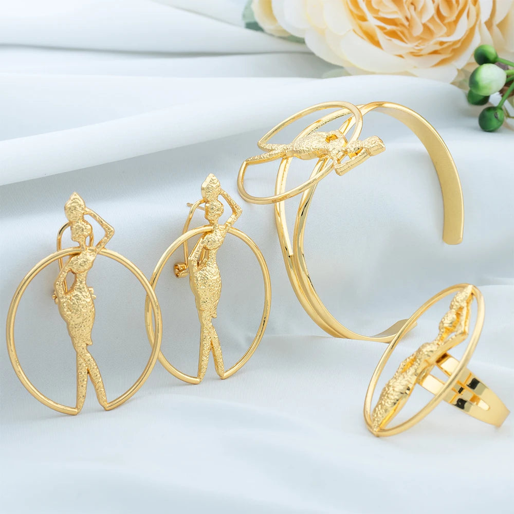 Elegant Women's Jewelry Set Dubai 18K Gold Plated Earrings for Women Cuff Bangles Adjustble Rings Necklace Wedding AccessorIes - YUEMING JEWELRY