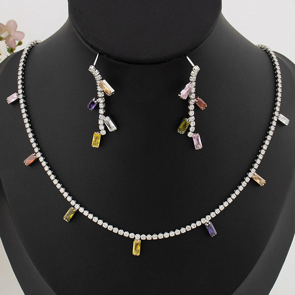 Italy Bohemia Square Zircon Jewelry Set, Elegant France Style Earrings & Necklace Gift for Women Party Dating Jewellery