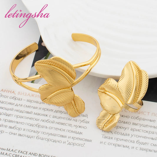 Fashion Jewelry New Design Cuff Bangle Bracelet Ring Dubai African Luxury Gold Color Jewelry Set for Ladies Wedding Party Gifts