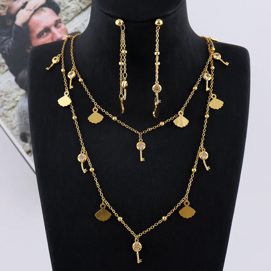90cm Stainless Steel Star Long Chain Butterfly Dollar Shell Shape Earrings For Women Charms Gold Color Party Wedding Jewelry Set