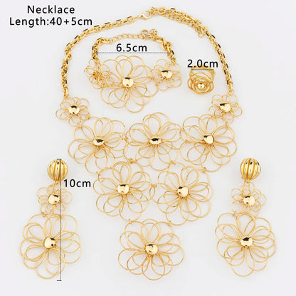 Dubai Jewelry Set Fashionable Necklace Pretty Lady Bracelet Gold Plated Earrings Ring Design Daily Party Wedding Accessories