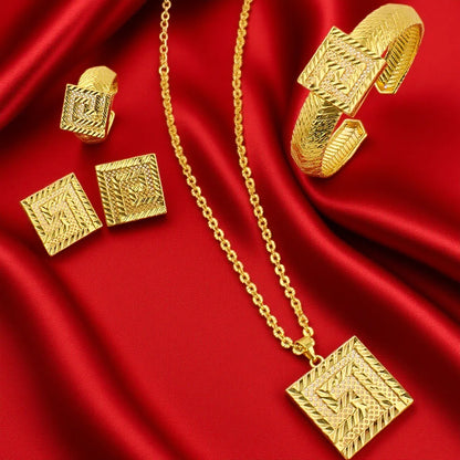 Dubai 24K Gold Color Initial Necklace Earrings Bracelet Ring Set African Arab Bridal Set Wedding Party Gifts Jewelry Wholesale