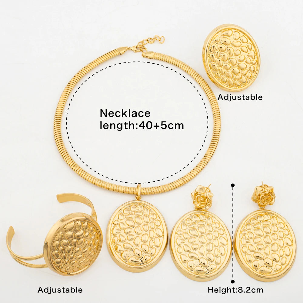Women Dubai Gold Jewelry Set Sumptuous Wedding Necklace Pendant Premium Gold Plated Bracelet Ring Exquisite Piercing Earrings