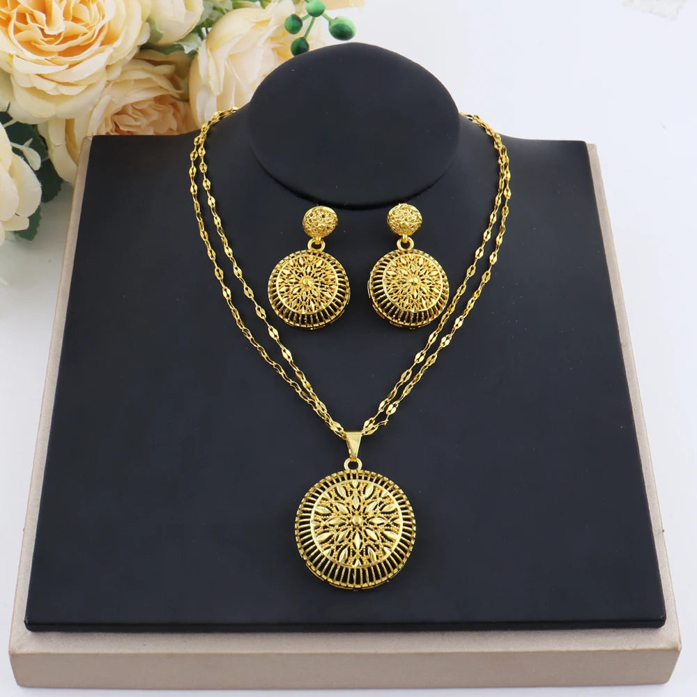 Gold Color Light Luxury Big Round Necklace Earrings Set for Women Tassels Gold Plated Jewelry Party Wedding Gift Accessoires