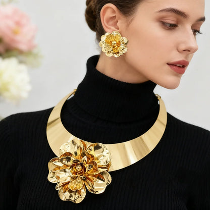 gold jewelry sets Flower Shape Women Luxury Gold Color Bangle Ring necklace and earrings set For Wedding Accessories Party