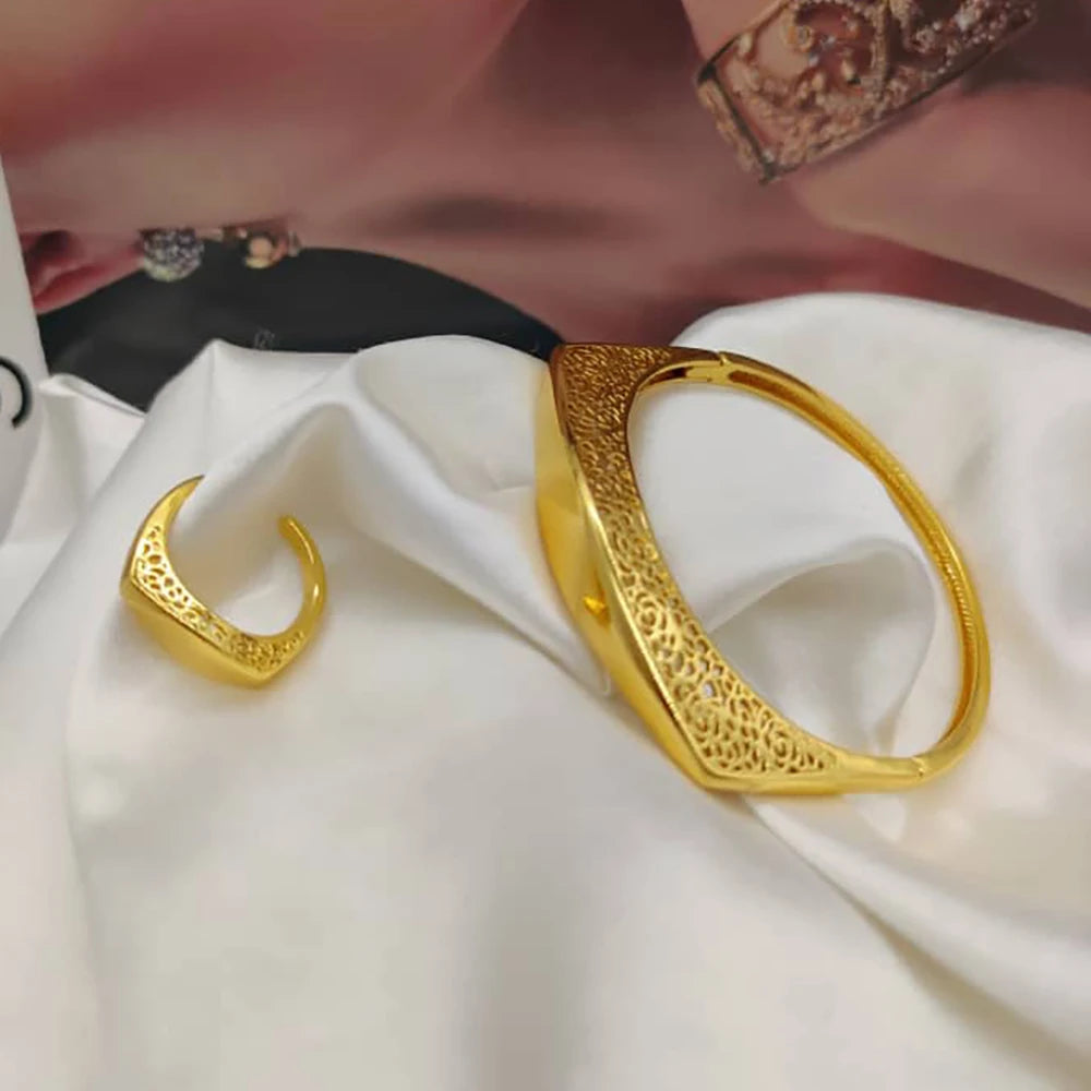 Dubai Gold Color Bangle and Ring Set for Party Bohemia Design Hand Bracelet and Finger Ring 2Pcs Set for Engagement Party Gifts