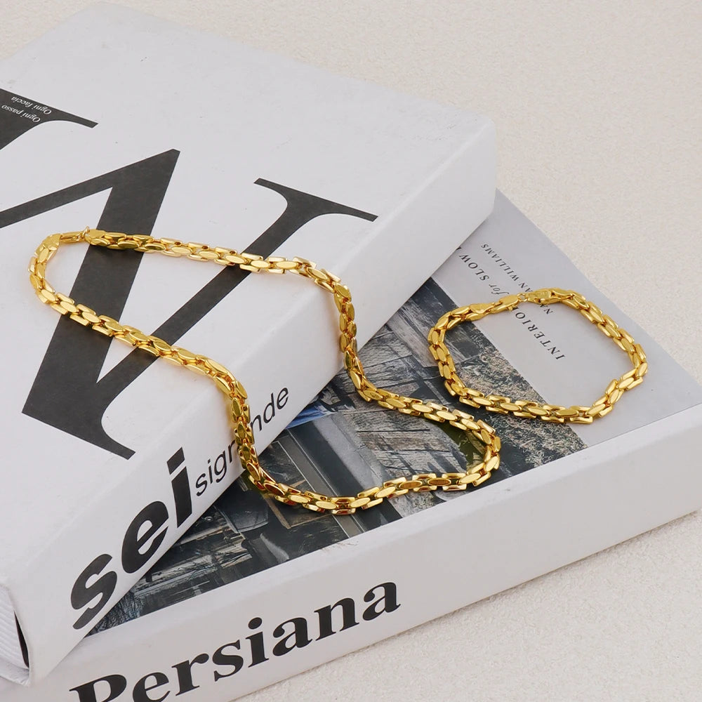 Steel Chain Necklace & Bracelet Set, Trendy Gold-Tone Metal Collar Jewelry for Women, Gift-Ready Bijoux